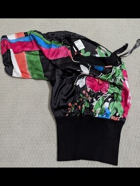 bebe Floral One-Shoulder Top in Black with Pink & Green Accents